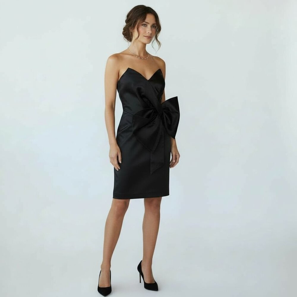 WHBM Black Satin Strapless Bow Dress Size 14 Cocktail Event Party Holiday NEW - Picture 1 of 12